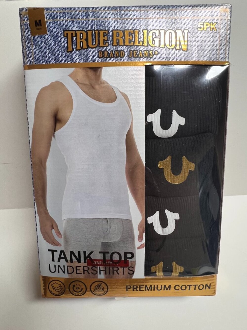 TRUE RELIGION 5 Pack Men's M Black Premium Cotton Horseshoe Logo Ribbed Tanks